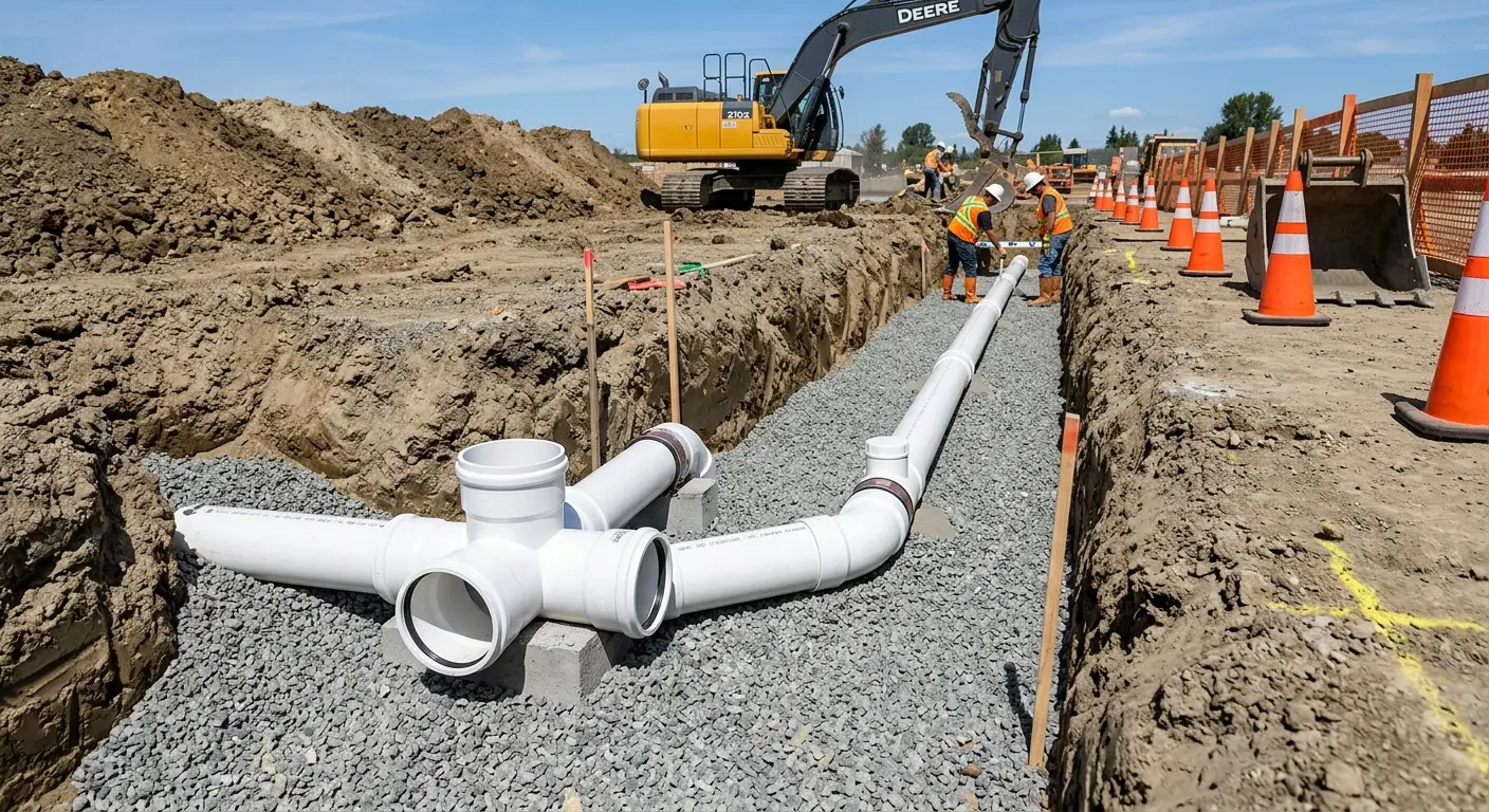 New PVC sewer pipe installation in open trench for Sewer Backup in Lake Arbor