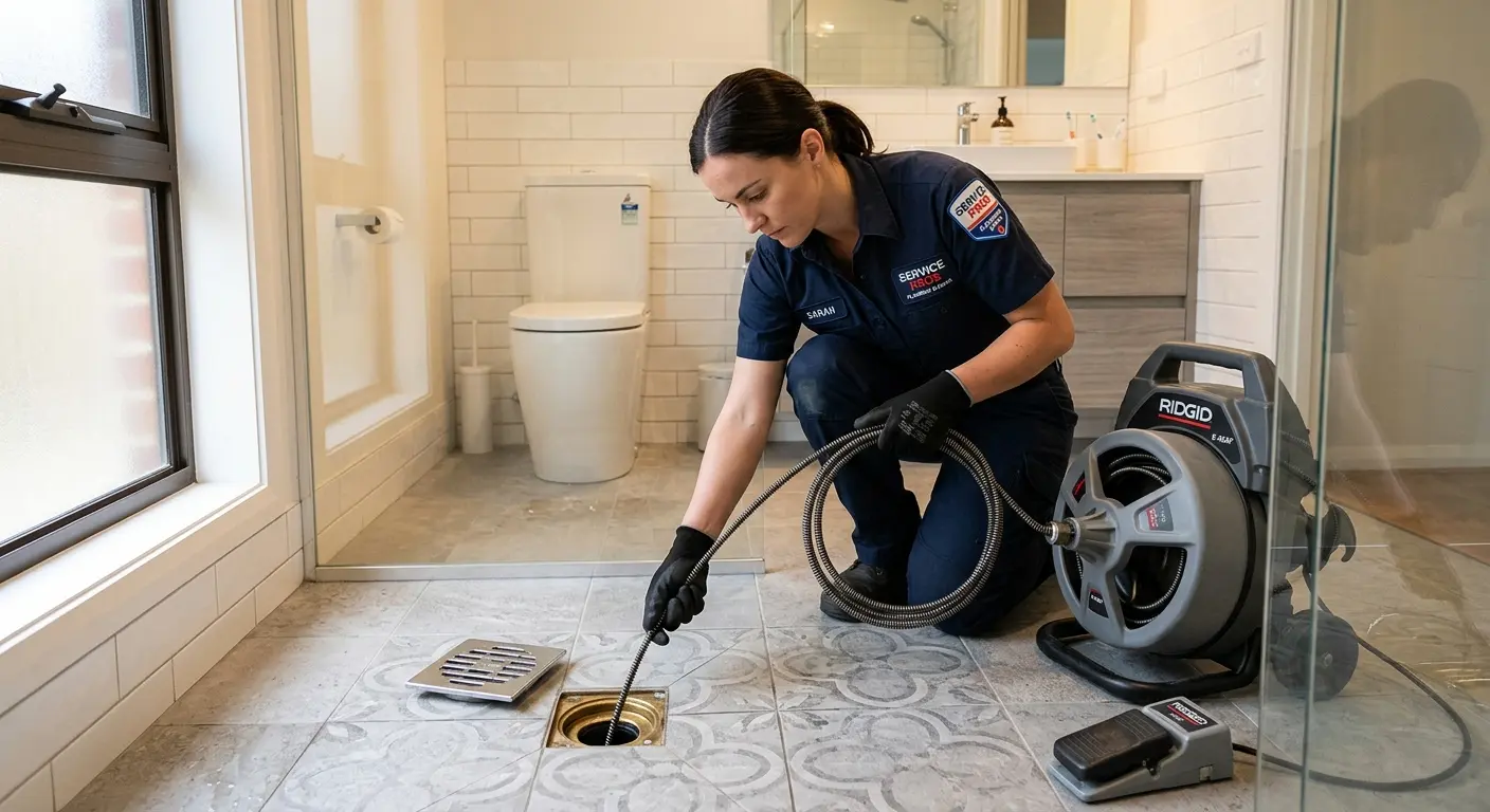 Technician clearing a bathroom floor drain for Drain Cleaning in Lake Arbor